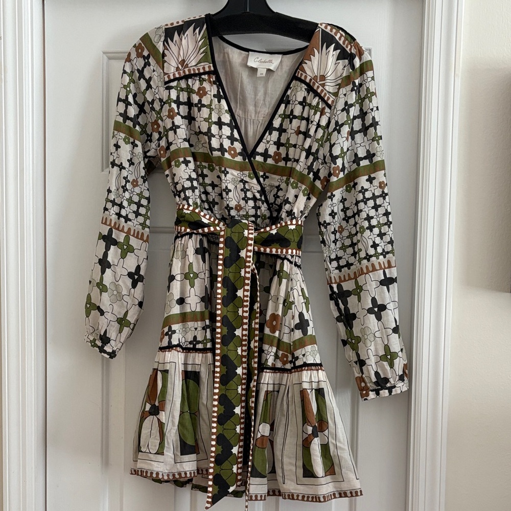 CLEOBELLA- Art Deco Emory mini dress with tie sash. Size XS.